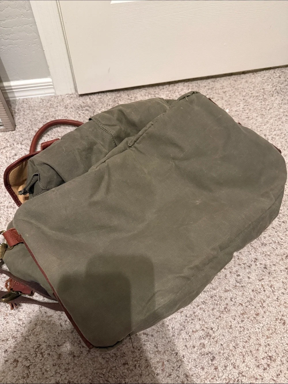 Duluth Trading Co Olive Canvas Duffel with Brown Leather Trim